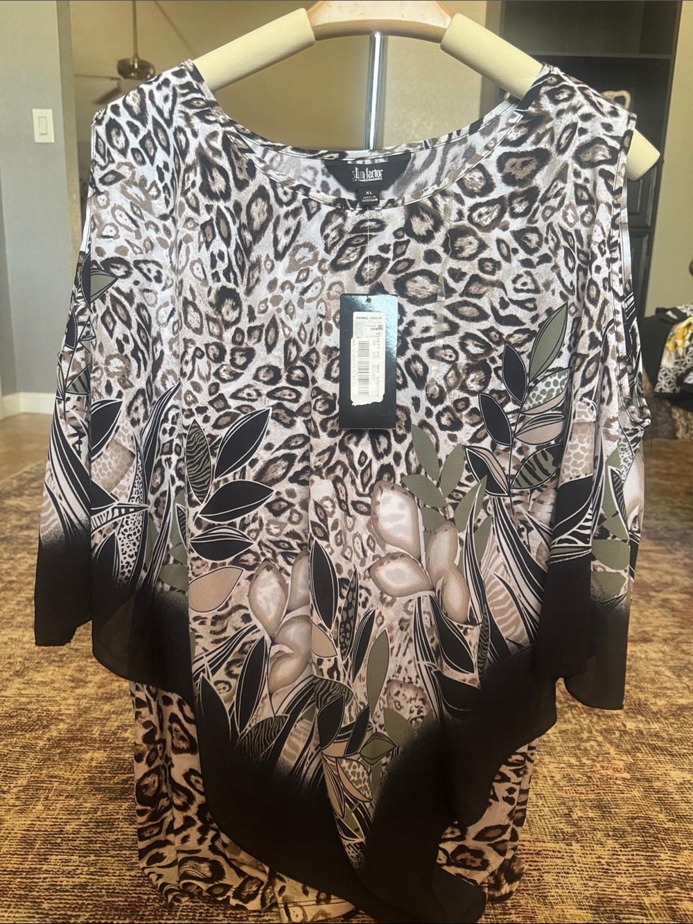 Investments Leopard Print Floral Overlay Blouse in Black, Brown, Olive